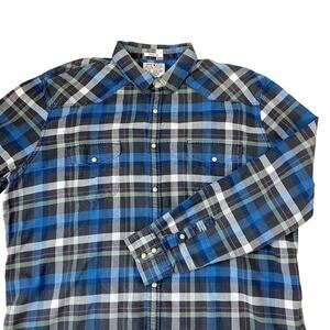 Lucky Brand Classic Fit Western Pearl Snap Shirt Men XXL Indigo Plaid Button Up